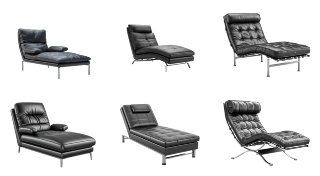 Diverse collection of sleek black leather lounge chairs and chaises, highlighting contemporary designs, luxurious finishes, and ergonomic comfort