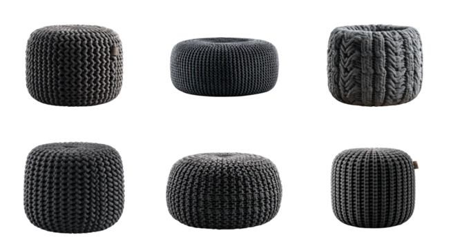 Various dark grey knitted ottomans and poufs with distinct textures. Modern home decor, comfortable seating, versatile interior design