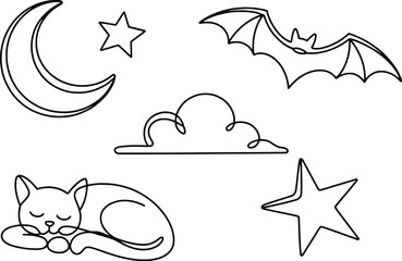 Obraz premium Whimsical sketch of sleeping cat moon stars bat and cloud for nighttime theme
