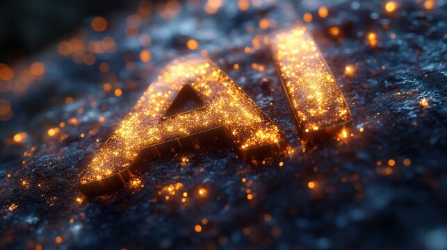 AI in the Stones: a close-up image showing AI letters carved into stone and surrounded by orange particles, illustrating the intersection of technology and nature