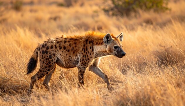 Brown hyena prowling through sunlit savanna grasses during golden hour
