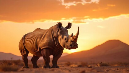 Fototapeta premium Magnificent rhino silhouette against a vibrant sunset panorama in the African wilderness