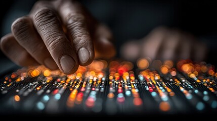 Data Flow: Fingers poised over an illuminated digital interface, symbolizing technology, digital age, and innovation. Lines of light stream, mirroring the essence of coding.