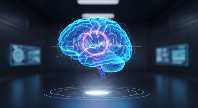 Futuristic human brain hologram, isolated concept - Powered by Adobe