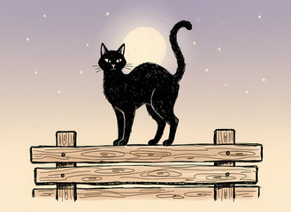 Black cat standing under moon halloween art