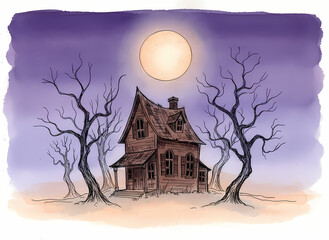 Haunted house under moonlight watercolor art