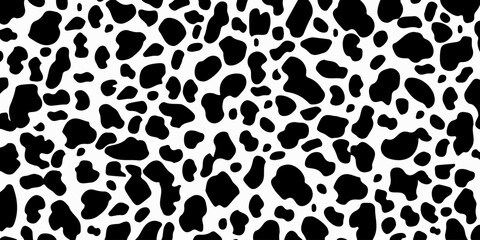 Seamless textured cow pattern. Vector long abstract background with repeating black hand-drawn spots on a white background. Vector monochrome texture.