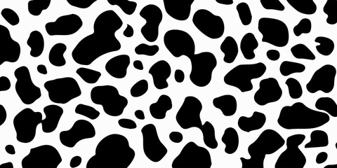 Seamless textured cow pattern. Vector long abstract background with repeating black hand-drawn spots on a white background. Vector monochrome texture.