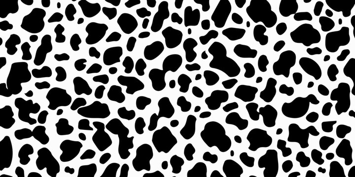 Seamless textured cow pattern. Vector long abstract background with repeating black hand-drawn spots on a white background. Vector monochrome texture.