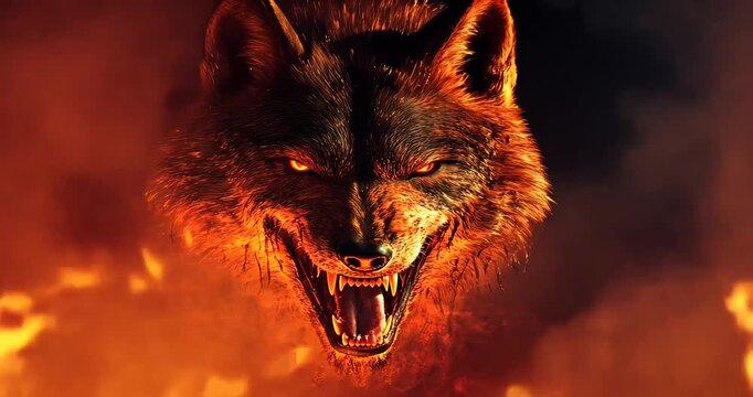 Fierce wolf emerging from flames, showcasing strength and intensity in a dramatic setting
