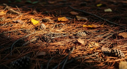 Sun-dappled forest floor covered with pine needles, fallen leaves, and scattered pine cones