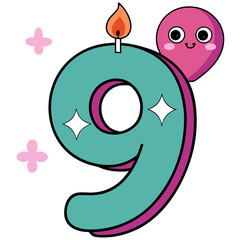 Obraz premium A happy number nine birthday candle with a cute balloon