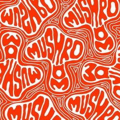 Red color abstract seamless pattern mushroom word in mushroom shape 