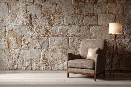 Comfortable armchair and floor lamp beside a textured stone wall.