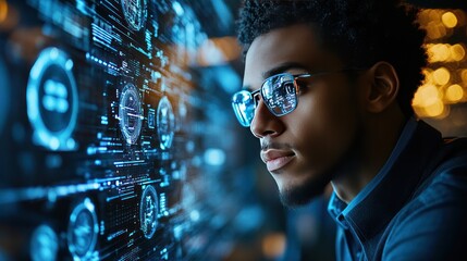 Tech Visionary: A focused individual in glasses stares intently at a captivating display of complex data visualizations and digital information.
