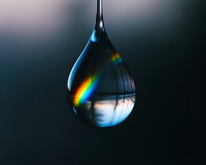 Fototapeta premium A single water drop with rainbow refraction against a dark background