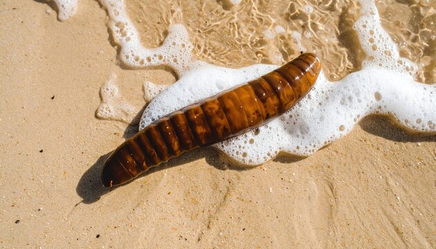 Sea cucumber in foamy sea water moving slowly along sandy beach, a marine animal