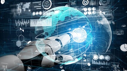 A futuristic robotic arm extends toward a digital globe, surrounded by data charts and graphs, symbolizing innovation and advancements in technology and automation. Xenic