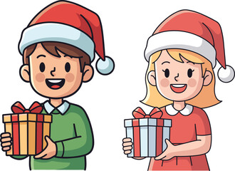Christmas, children, Santa hats, gift boxes, holiday, celebration, cartoon, festive, red, green, joy, winter, season, wrapping, ribbon, smiling, cute, illustration, greeting, cheerful