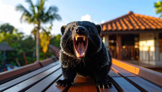 Binturong's imposing yawn on a rooftop showcasing wildlife behavior