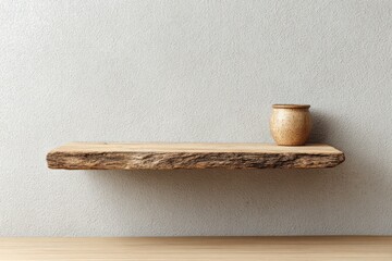 Rustic wooden shelf displays textured ceramic pot against plain wall.