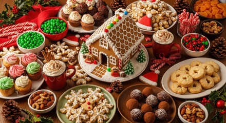 Festive holiday sweet treats display showcasing gingerbread house and assorted desserts for