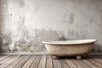 Antique bathtub rests on weathered wooden floor against cracked plaster wall.
