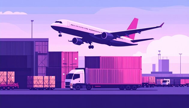 Plane taking off over trucks and cargo containers - Powered by Adobe
