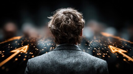 The Visionary's Ascent: A man in a tailored suit stands confidently, facing a blurred crowd, illuminated by the radiant glow of directional arrows