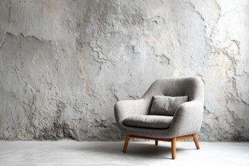 Cozy armchair sits against a textured concrete wall in a minimalist interior.