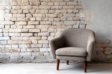 A neutral upholstered armchair rests against a textured brick wall.