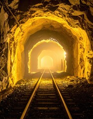 Fototapeta premium Glowing light at the end of a dark railway tunnel