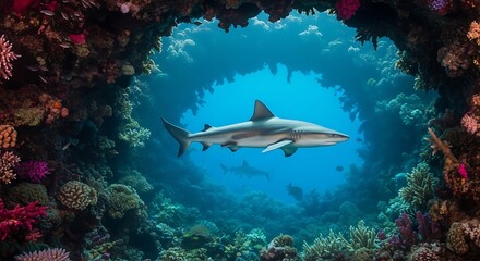 Grey reef shark swimming through a vibrant coral reef archway in clear blue ocean.