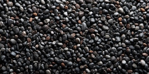 A close-up view reveals a dense, textured surface of small, dark, wet pebbles.