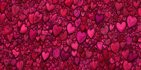 Vibrant pattern of many red and pink hearts fills the entire frame.