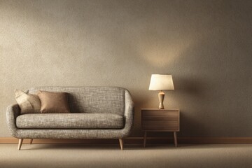 Comfortable sofa with accent pillows and a warm lamp sit beside a wooden nightstand.
