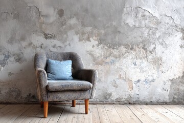 Armchair with blue cushion stands against a textured, weathered wall.