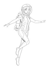 illustration of beautiful astronaut woman in modern futuristic spacesuit flying with a jetpack