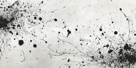 Black ink splatters and drips create abstract patterns on a white background.