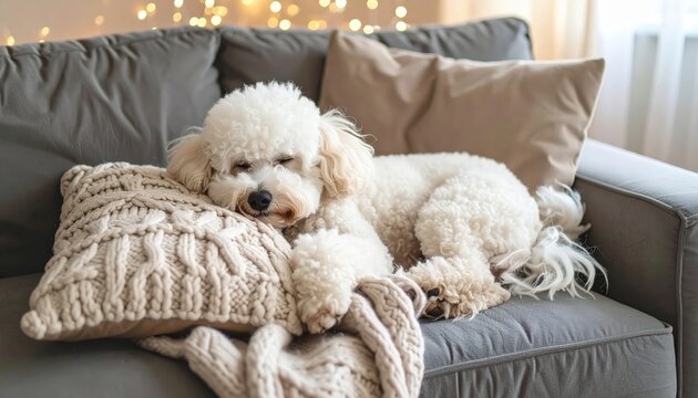 Adorable Bichon Frise puppy sweetly sleeps on a cozy couch, a peaceful moment