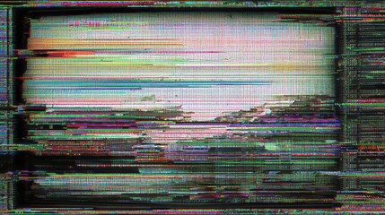Screen displays colorful static and digital distortion with horizontal lines.