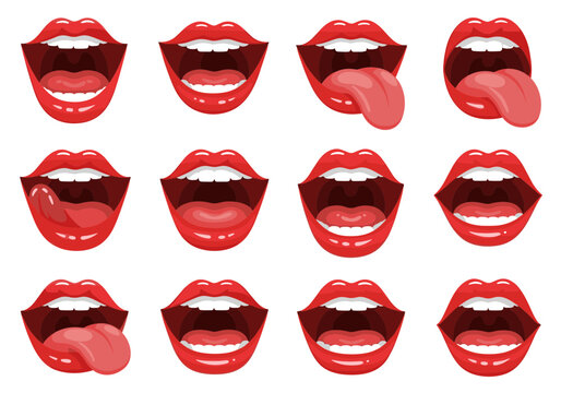 Assortment of Red Lips Vector Graphics Featuring Open Mouths and Expressive Tongues