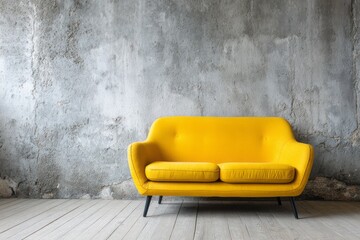 Yellow sofa sits against a textured grey concrete wall on a wooden floor.