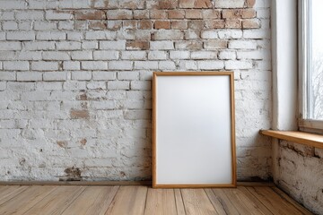 Empty wooden frame leans against a white brick wall beside a window.