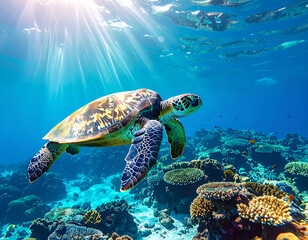 Obraz premium Magnificent sea turtle glides above a vibrant coral reef, bathed in sun-drenched clear blue ocean waters with stunning light rays.