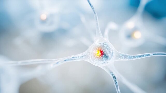 Neuron's Center Stage: An intricate view of a neuron, showcasing its complex structure and vibrant activity, suggesting the core of human thought.