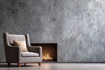 Comfortable armchair placed before a modern fireplace with a textured wall.