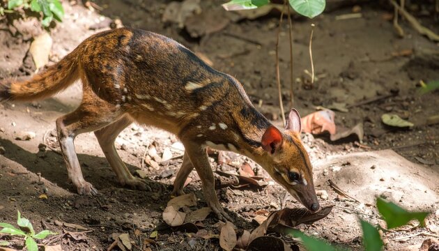 Alert chevrotain searches for sustenance amongst the forest floor foliage