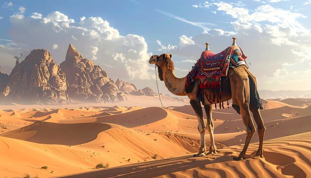 A camel in a desert landscape with mountains under a sunny sky