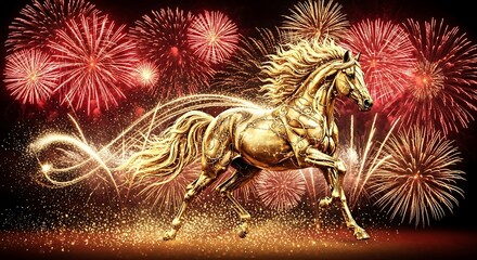 Golden Horse Galloping Amidst Fireworks Celebration, Symbolizing Power and Festivity.